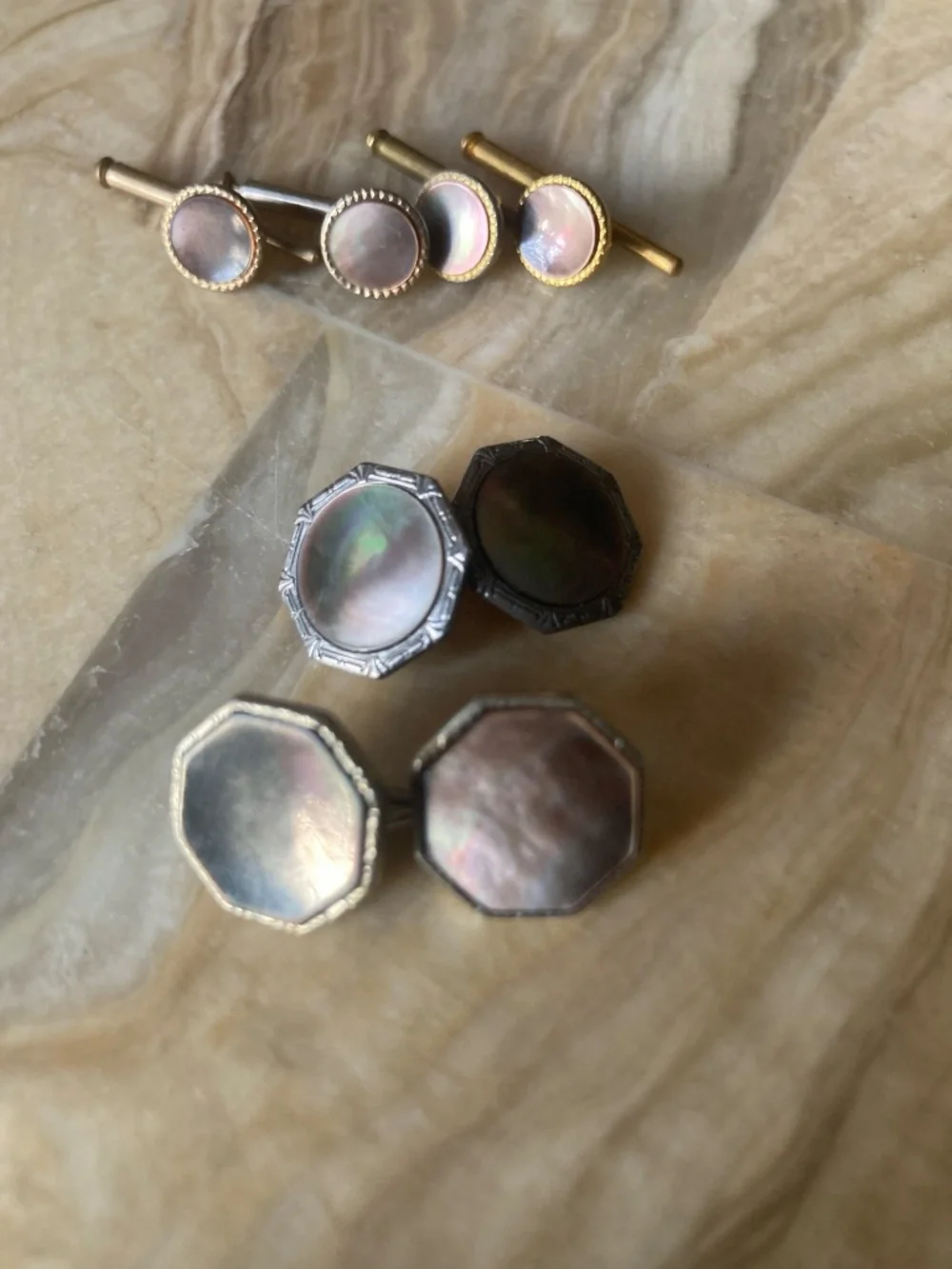 Vintage Mother-of-Pearl Cufflinks & 4 Shirt Studs Formal Dress Set
